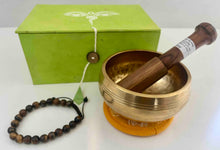 Load image into Gallery viewer, Tibetan Singing Bowl Gift Set 9cm with Tiger Eye Bracelet | Meditation Bowl Gift Bundle | Yoga, Reiki, Chakra Healing Gift