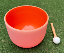 Load image into Gallery viewer, 8 Inch D Note Sacral Chakra Crystal Singing Bowl | Orange Frosted Quartz Sound Healing Bowl | Meditation Yoga Reiki Instrument