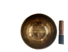 Load image into Gallery viewer, Bronze singing bowl with decorative patterns, green and gold case, and wooden striker on a white background