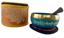 Load image into Gallery viewer, Teal Singing Bowl Set with Om Mani Padme Hum Mantras-Meditation Bowl Gift Set