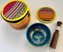Load image into Gallery viewer, Teal Tibetan Singing Bowl Set with Buddha Eyes Mantras Meditation Bowl Gift Set