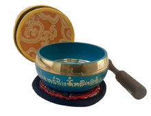 Load image into Gallery viewer, Teal Singing Bowl Set with Om Mani Padme Hum Mantras-Meditation Bowl Gift Set