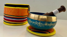 Load image into Gallery viewer, Teal Tibetan Singing Bowl Set with Buddha Eyes Mantras Meditation Bowl Gift Set