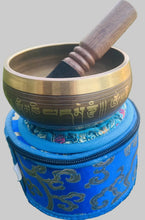 Load image into Gallery viewer, 10.5 cm Tibetan Singing Bowl Set – Flower of Life Design | Meditation Sound Bowl Gift Set with Cushion, Striker & Brocade Silk Box