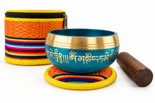 Load image into Gallery viewer, Teal Tibetan Singing Bowl Set with Buddha Eyes Mantras Meditation Bowl Gift Set