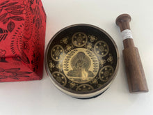 Load image into Gallery viewer, 9cm Buddha Tibetan Singing Bowl with Mantra &amp; Flower of Life | Meditation &amp; Sound Healing Bowl | Made in Nepal
