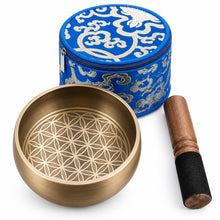 Load image into Gallery viewer, 10.5 cm Tibetan Singing Bowl Set – Flower of Life Design | Meditation Sound Bowl Gift Set with Cushion, Striker &amp; Brocade Silk Box
