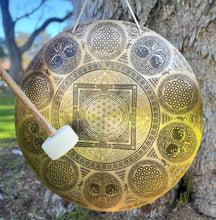 Load image into Gallery viewer, 48cm Handmade Wind Gong from Nepal | Flower of Life Sacred Geometry Gong with Mallet | Meditation Sound Healing Gong | Yoga Studio Decor
