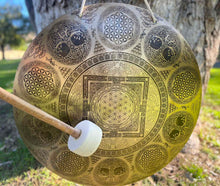 Load image into Gallery viewer, 48cm Handmade Wind Gong from Nepal | Flower of Life Sacred Geometry Gong with Mallet | Meditation Sound Healing Gong | Yoga Studio Decor
