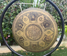 Load image into Gallery viewer, Flower of Life Gong 40cm – Sacred Geometry Percussion Instrument with Stand &amp; Mallet
