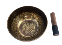 Load image into Gallery viewer, Handmade Authentic Singing bowl with Endless knot patterns and a wooden stick on a white background
