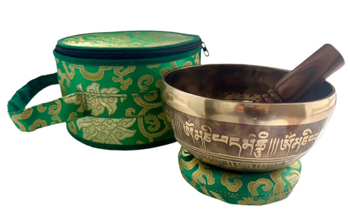 Tibetan singing bowl with wooden striker and green carry case. 