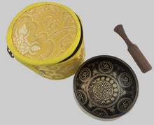 Load image into Gallery viewer, 9 cm OM Flower of Life Tibetan Singing Bowl Set – Meditation Sound Bowl with Carry Bag
