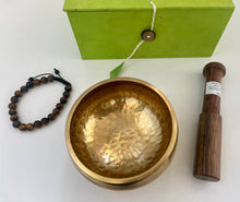 Load image into Gallery viewer, Tibetan Singing Bowl Gift Set 9cm with Tiger Eye Bracelet | Meditation Bowl Gift Bundle | Yoga, Reiki, Chakra Healing Gift
