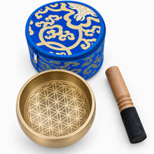 Load image into Gallery viewer, 10.5 cm Tibetan Singing Bowl Set – Flower of Life Design | Meditation Sound Bowl Gift Set with Cushion, Striker &amp; Brocade Silk Box
