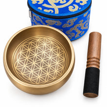 Load image into Gallery viewer, 10.5 cm Tibetan Singing Bowl Set – Flower of Life Design | Meditation Sound Bowl Gift Set with Cushion, Striker &amp; Brocade Silk Box

