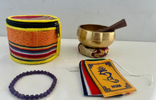 Load image into Gallery viewer, Meditation Gift Set | Singing bowl | Amethyst Bracelet | Prayer Flag | Sound Healing Bundle
