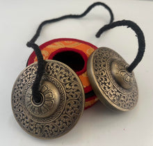 Load image into Gallery viewer, Tingsha Bell Set with Brocade Zipper Case – Meditation &amp; Yoga Sound Healing Cymbals

