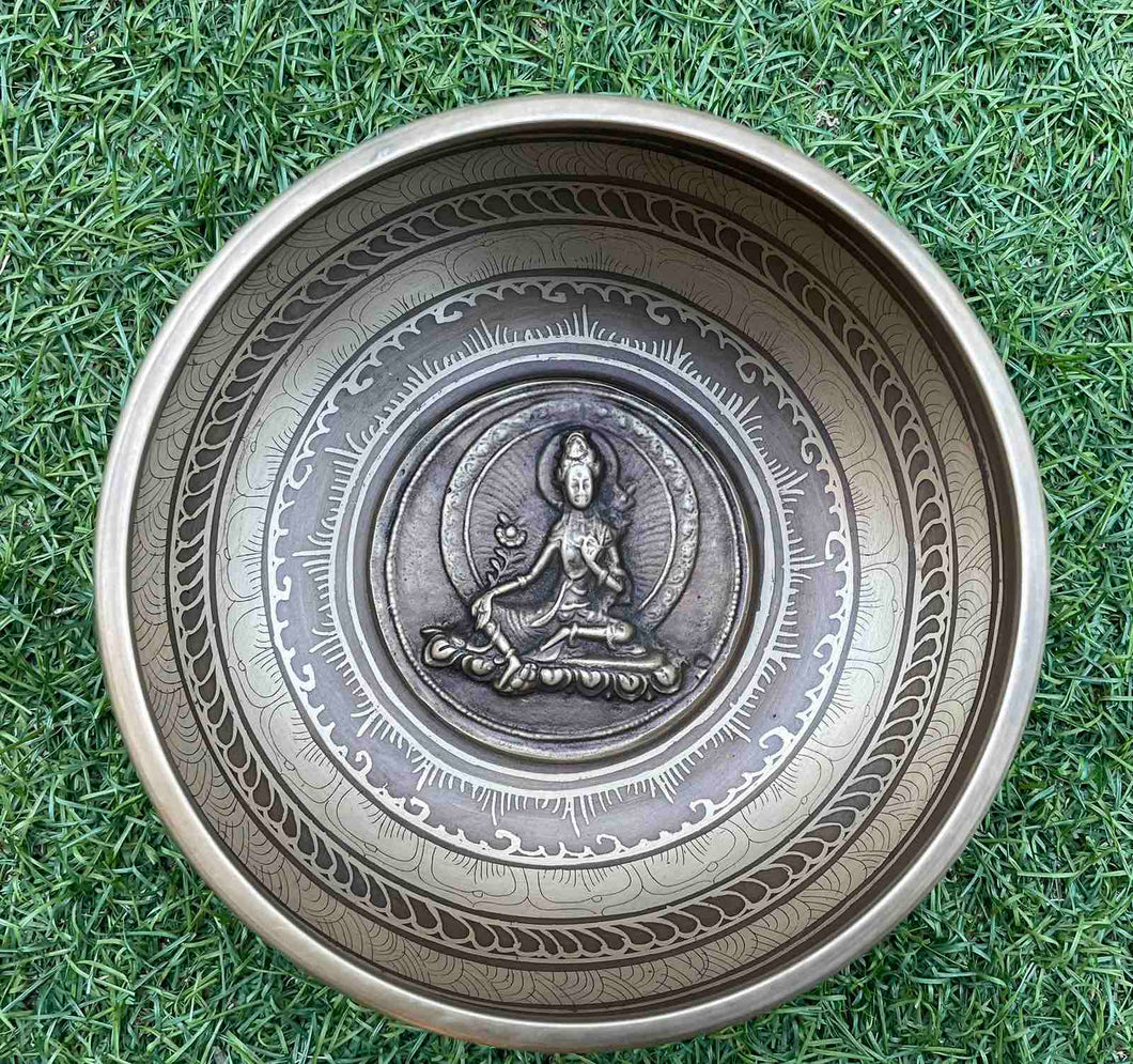 Singing Bowl-15 cm-Green Tara Carved-Gift Set-Chakra Healing Set