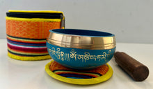 Load image into Gallery viewer, Teal Tibetan Singing Bowl Set with Buddha Eyes Mantras Meditation Bowl Gift Set

