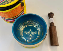Load image into Gallery viewer, Teal Tibetan Singing Bowl Set with Buddha Eyes Mantras Meditation Bowl Gift Set

