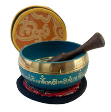 Load image into Gallery viewer, Teal Singing Bowl Set with Om Mani Padme Hum Mantras-Meditation Bowl Gift Set
