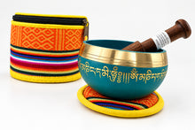 Load image into Gallery viewer, Teal Tibetan Singing Bowl Set with Buddha Eyes Mantras Meditation Bowl Gift Set
