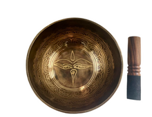 Load image into Gallery viewer, Singing bowl with decorative patterns, green and gold case, and wooden striker.
