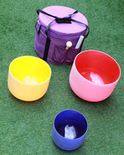 Load image into Gallery viewer, Set of 3 Solid Chakra Colour Crystal Singing Bowls for Sound Therapy
