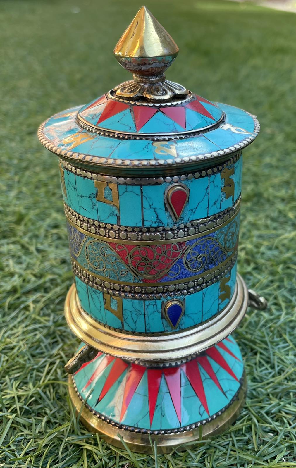 Prayer Wheel-Aqua-Tibetan Mantras-Brass-Turquoise-Om Mani Padme Hum